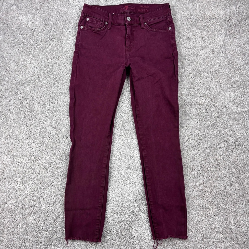 7 For All Mankind The Ankle Skinny Jeans Maroon Burgundy Raw Hem Size 26 Womens
